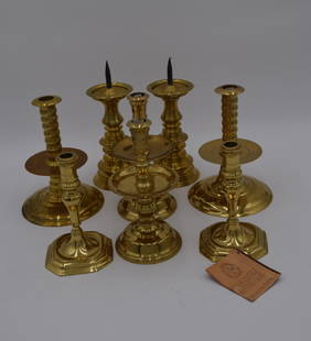 Set Of 8 Virginia Metalcrafters Brass Candlesticks (8 pc): includes CW-16-35, CW-16-13, CW-16-12. up to 8.25 x 6 x 6