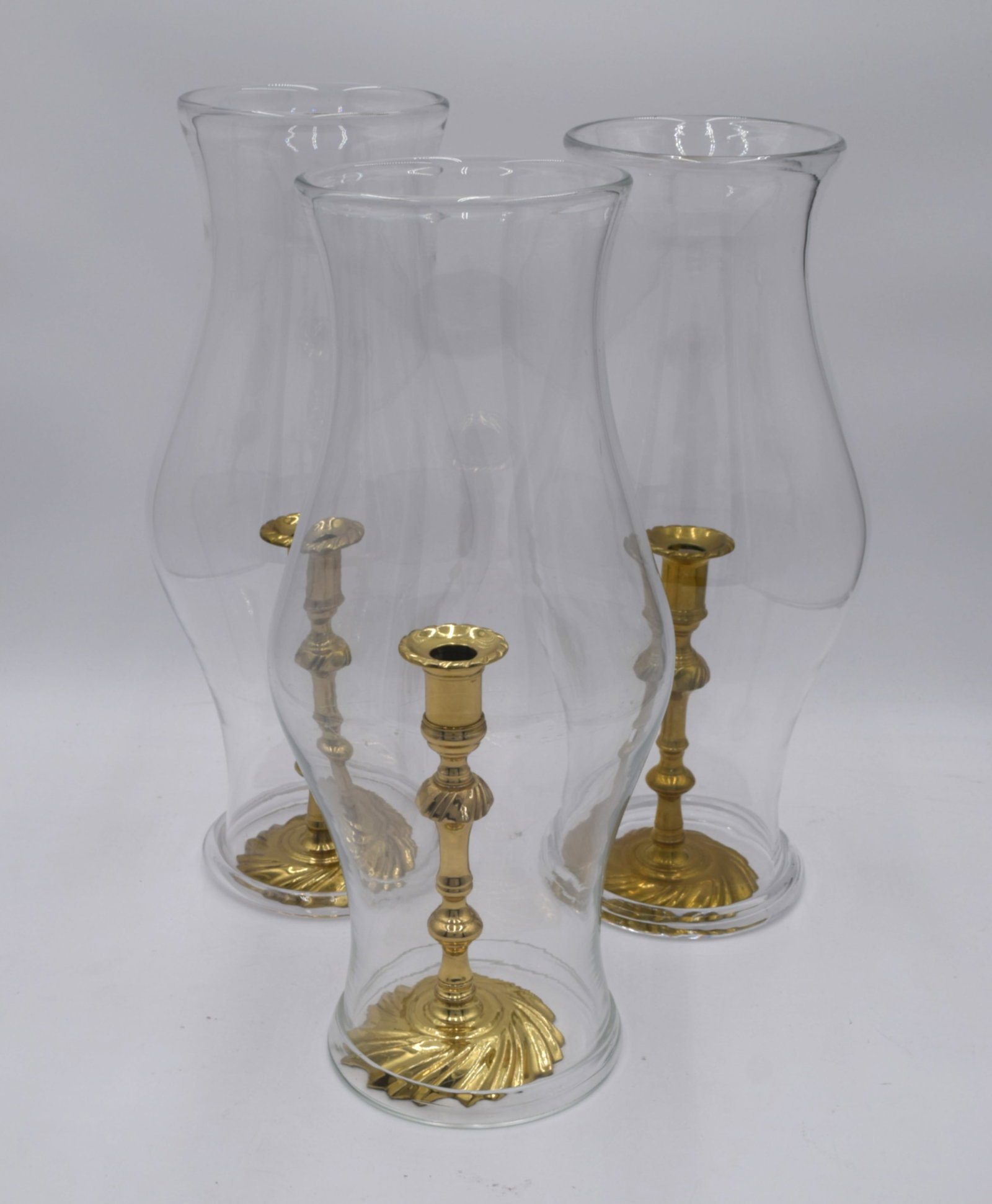 Set of 3 CW16-10 Brass Candlesticks & Glass Hurricane Globes (1 of 7)