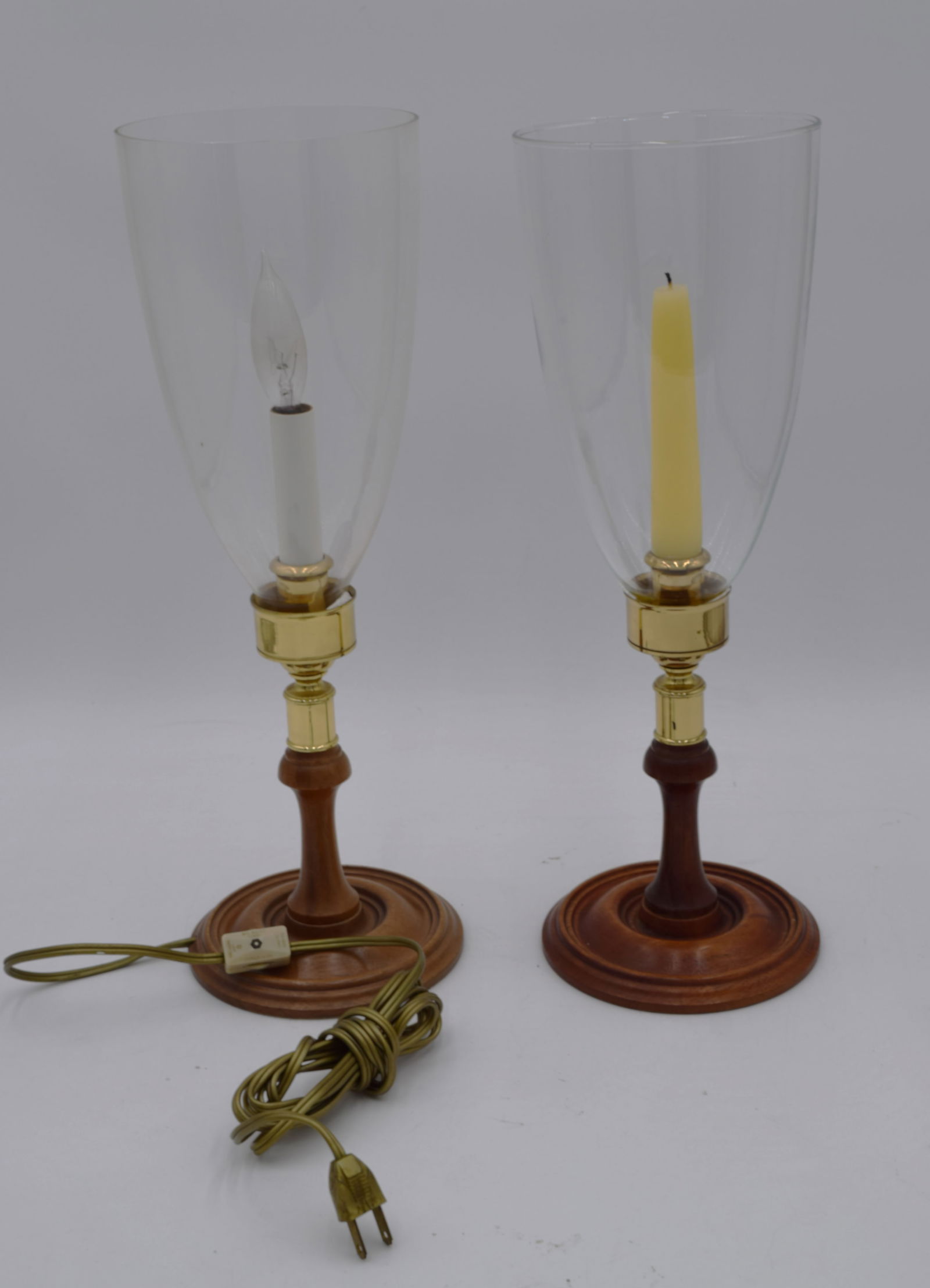 Pair Of Wood Base Baldwin Candlesticks & Hurricane Globes Auction