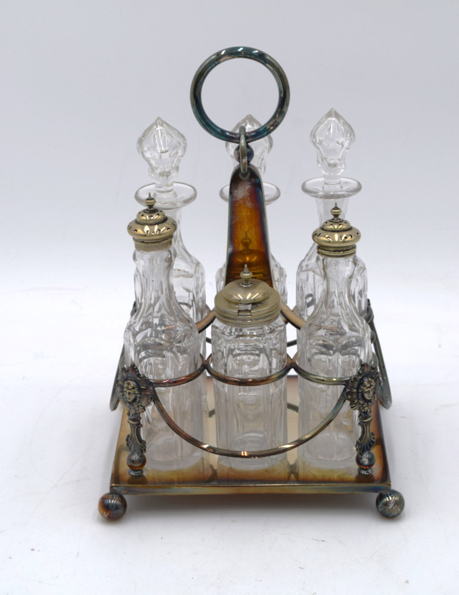 Antique Silver Cut Glass Cruet Epergne Set: Made in England by Evans & Matthews. 3 stoppered bottles, 2 shakers and 1 sugar.