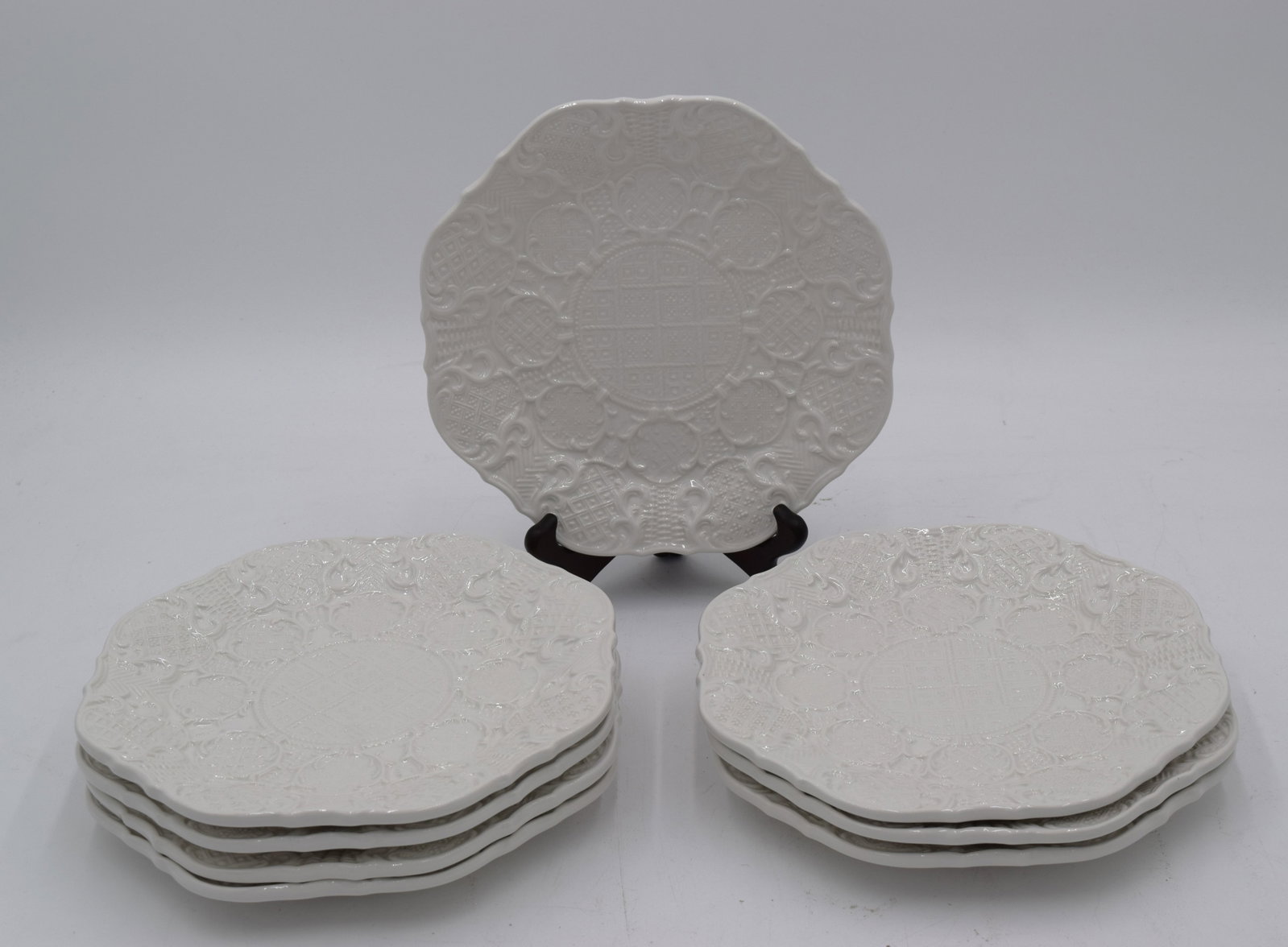 Set of 8 San Marco Italian Embossed Salad Plates: White lace pattern on octagonal shaped plates, made in Italy.