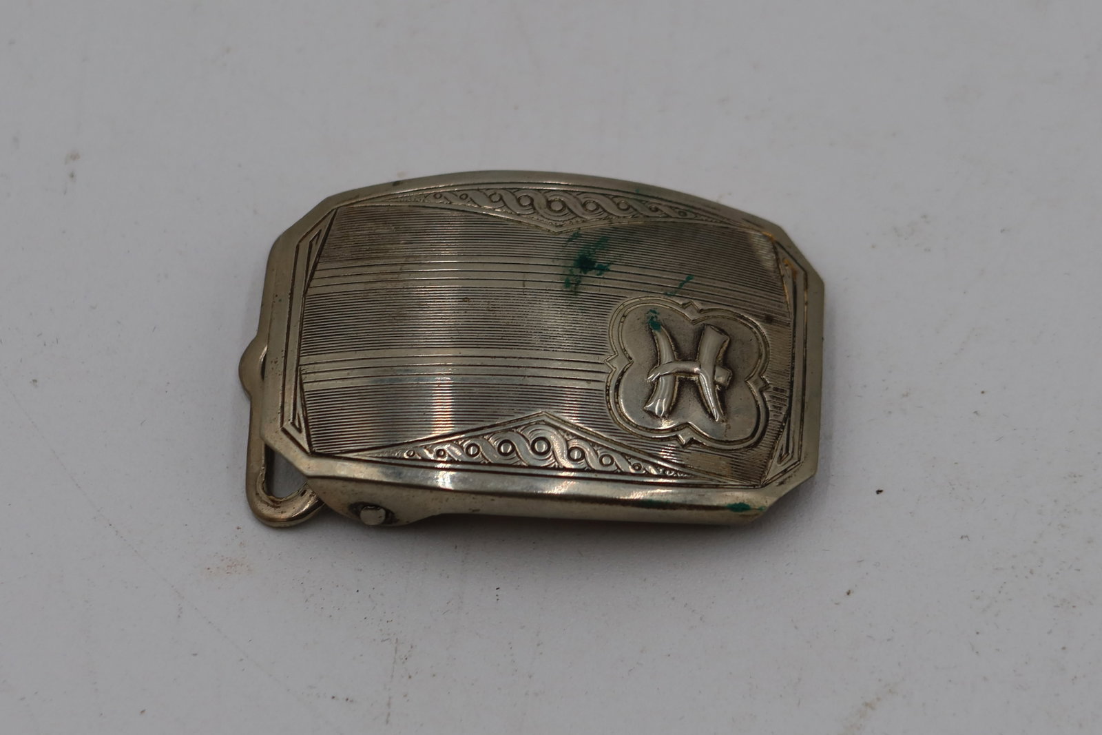 Sterling Silver Belt Buckle with Monogram H: Stamped "Harris" and "Silver Front". 14 grams
