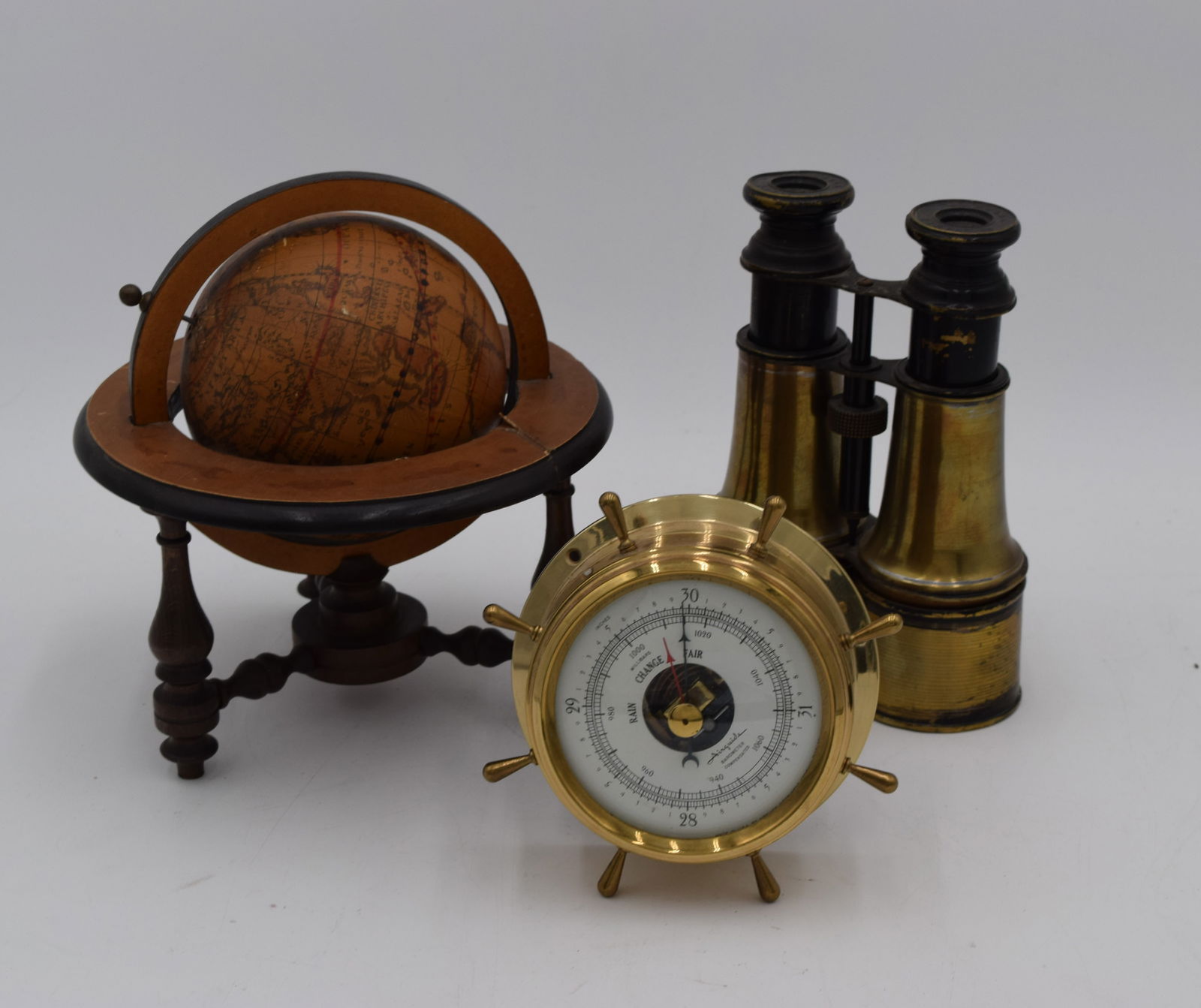 Vintage Wood Desk Globe Brass Binoculars & Barometer (1 of 17)