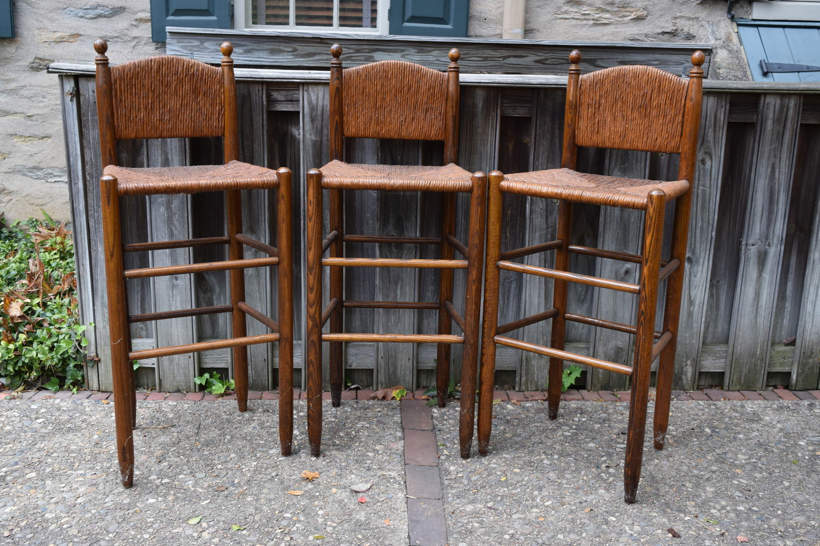 Set of 3 19th Century Shaker Style Woven Seat Bar Stools (1 of 8)