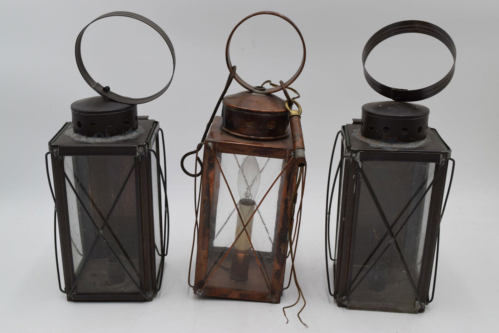 Set of 3 Copper & Glass Hand Lanterns Candle & Electric (1 of 11)