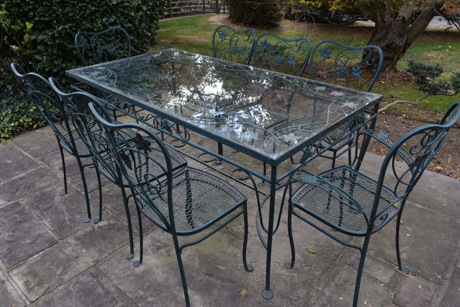 Vintage Wrought Iron Outdoor Patio 9 Piece Table & Chairs Set (1 of 15)