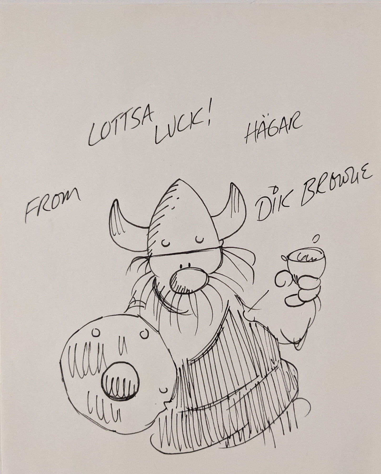 Hagar The Horrible Dik Browne signed sketch: Hagar The Horrible original sketch autographed by Dik Browne. 6x8 inches