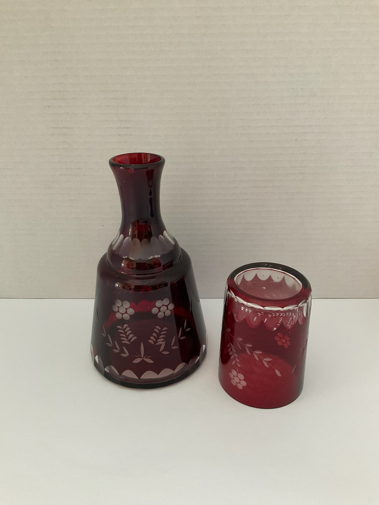 Bohemian Ruby Cut To Clear Bedside Water Carafe with Water Glass (1 of 6)