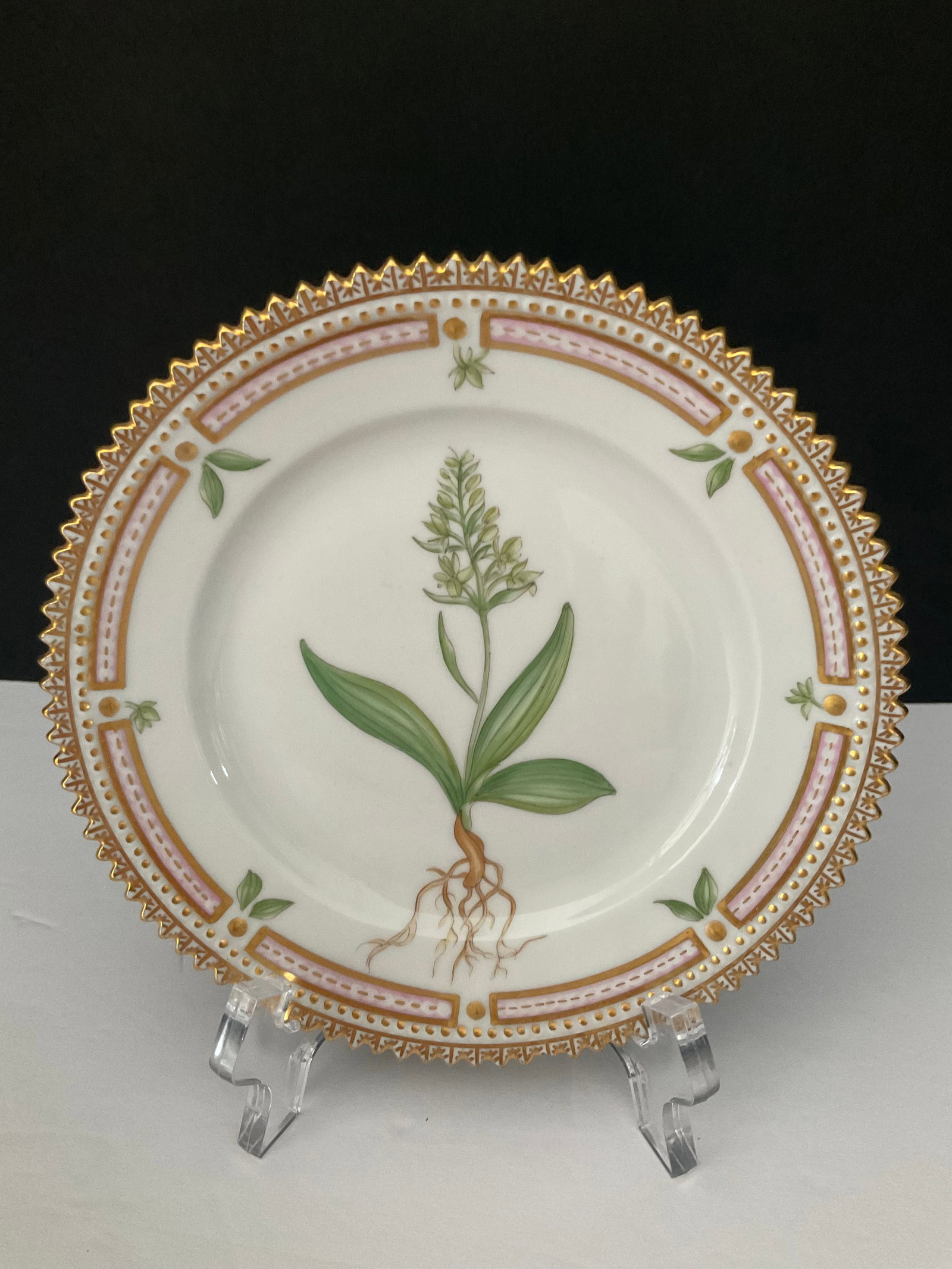 Royal Copenhagen Flora Danica Bread & Butter Plate: A vintage Flora Danica bread and butter plate measuring 5.5" . This piece is back stamped Orchis bullis fibrosis etc and numbered 20-3552 and signed by the artist. Small chip to the underside of the p