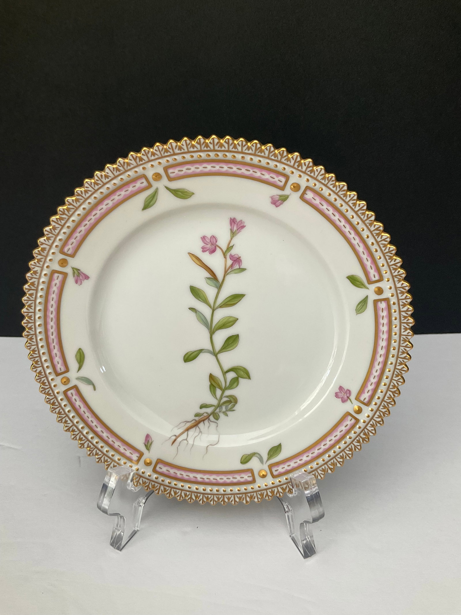 Flora Danica Bread & Butter Plate: A vintage Flora Danica Royal Copenhagen bread & butter plate measuring 5.5". Back stamped Epilobium alpinum L. Numbered 20-3552 and signed by the artists. Excellent condition