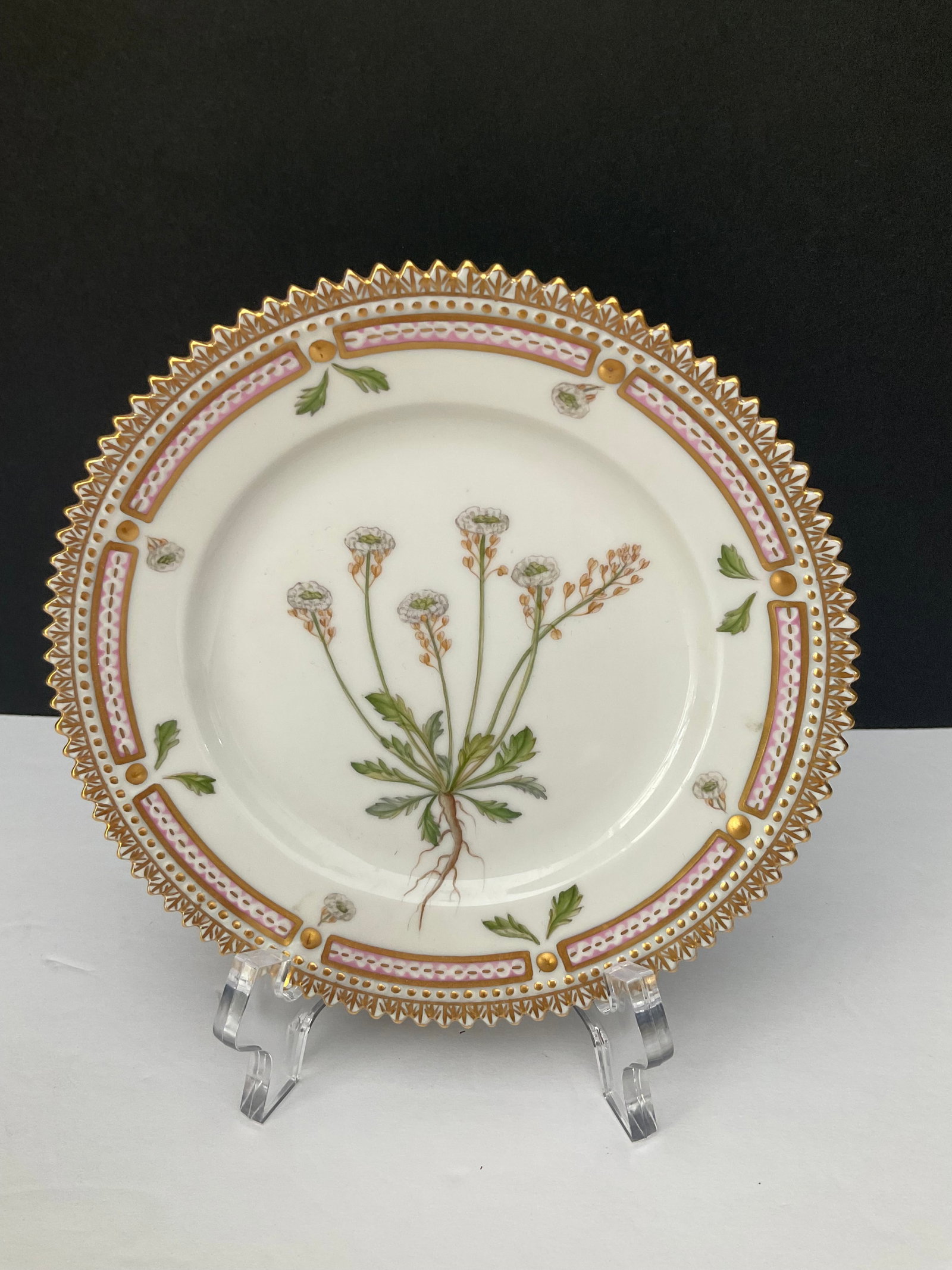 Flora Danica Bread & Butter Plate from Royal Copenhagen: A vintage Royal Copenhagen Bread and butter plate that measures 5.5" in diameter. This piece is back stamped Iberis nudicauis L. Numered 20-3552 and signed by the artist.