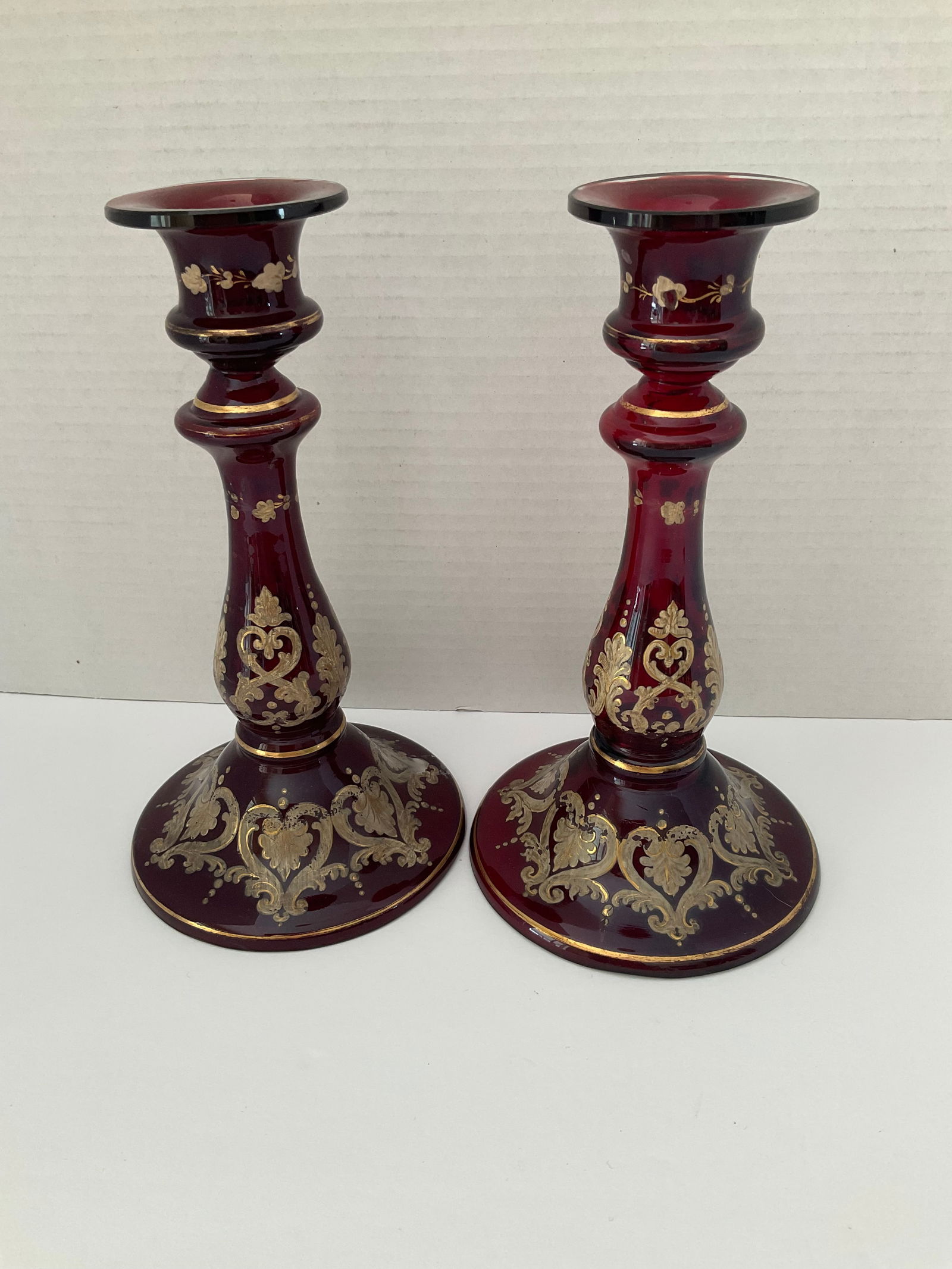 Pair of Antique Handpainted and Signed Ruby Glass Candleholders (1 of 8)