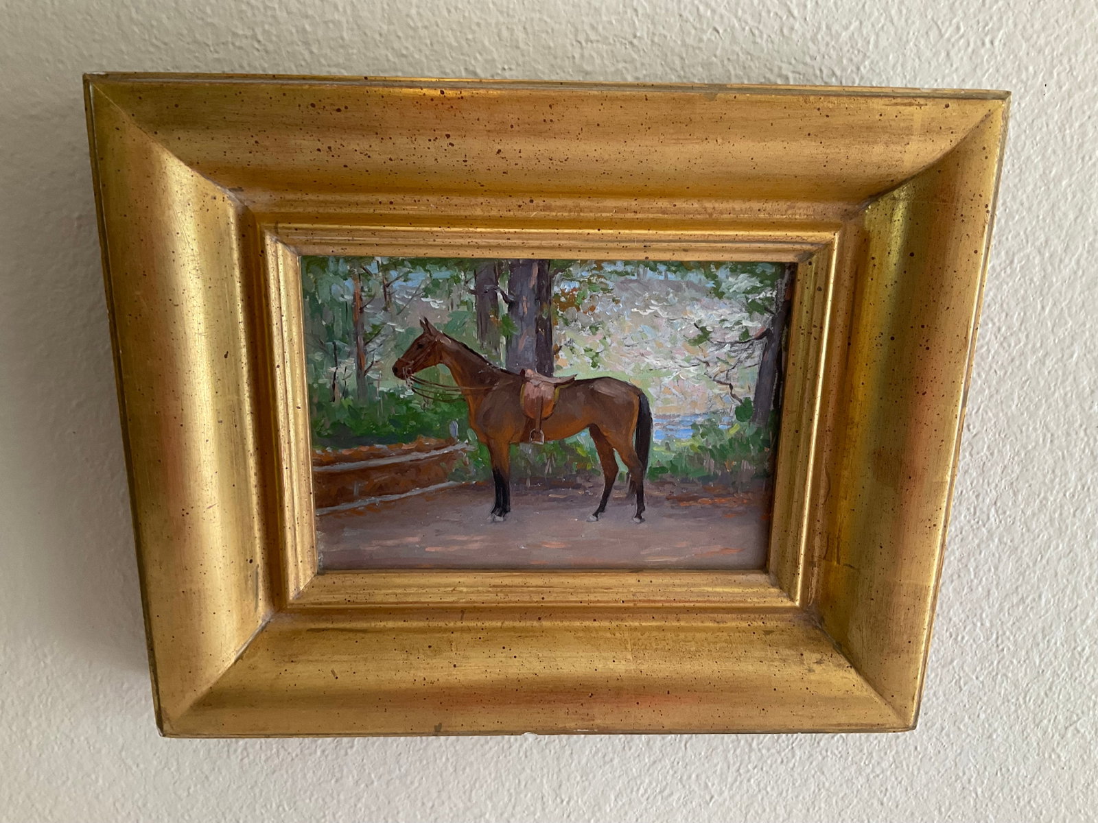 Original Vintage Oil on Board by Louis V. Feuchter: An original oil on board titled "Mrs. Goodman's Mount 'Ways' in Rock Creek Park" Painted by Louis J. Feuchter 1885-1957. Sold by Dawson Gallery, Annapolis MD. Nice gilded frame measuring 11 x 14 actua