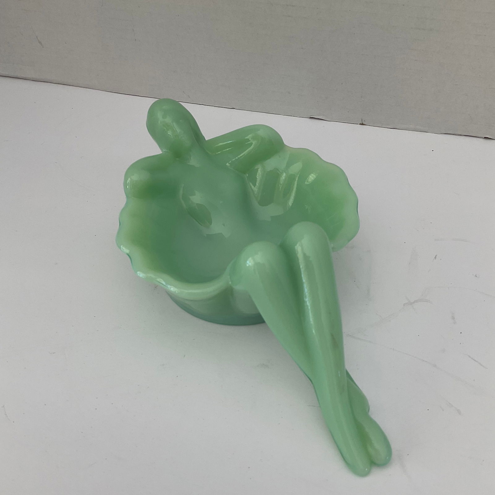 Vintage Jadeite Mosser Soap Dish: A vintage Mosser (?) bathing beauty jadeite soap dish. Base is unmarked. Good condition, it measures 3"h x 9" x 5".