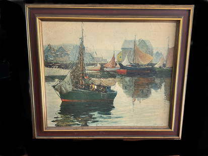 Anthony Thieme Original Oil on Canvas of Rockport Harbor, MA: An Anthony Thieme (b. 1888 - d. 1954) original oil on canvas. This vintage piece is signed by the artist to the lower right in paint. Wonderful vibrant pops of color bring the Rockport Cape Ann MA har