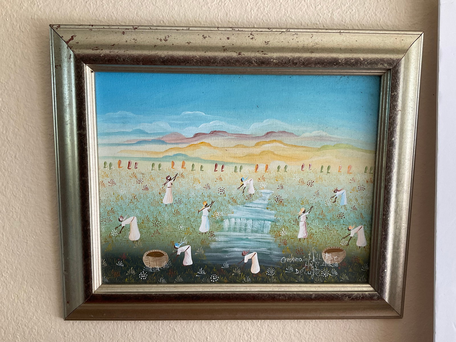 Original Haitian Painting: An original Haitian painting that appears to be acrylic on canvas. It is signed in paint to the lower right German Phillips Hali '07 "Deluge". Original art is 17 x 20. The frame measures 12 x 15. Good