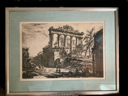 Cavalier Piranesi Etching: A Cavalier Piranesi etching of "Veduta del Tempio detto della Concordia. A.Arco di Settimio Severo". Beautiful early etching measuring 15 x 22" . The overall piece is framed in a painted distressed gr
