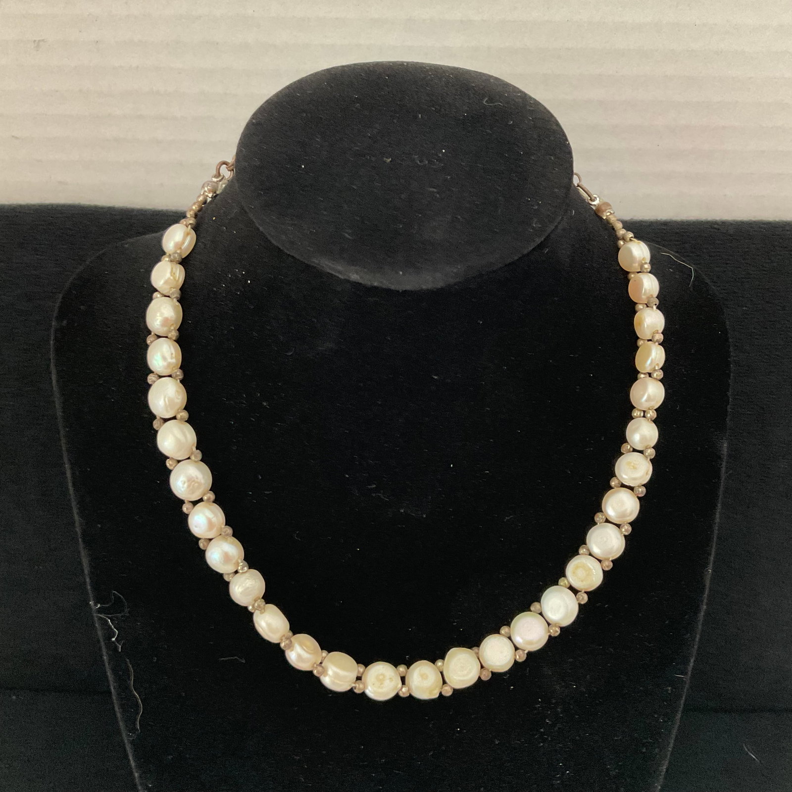 Antique Fresh Pearl Necklace: An antique fresh pearl necklace. Very nice design, please see photos. 14" in length including extender. Pearls have an unusual flat shape.
