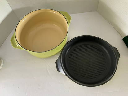 Vintage French Cast Iron Dutch Oven with Grill Top: A vintage chartreuse enameled cast iron Dutch oven with grill top. This piece is 4.5" h x 9.5" in diameter. Base is impressed “Made in France”