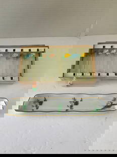 Set of 8 Vintage Glass Place Markers & Limoges Tray: A set of Eight Vintage glass place markers with fabric grape adornments. In the original box, they are missing the stands. Also included is a Limoges "Lily of the Valley" gilt edge tray that measures