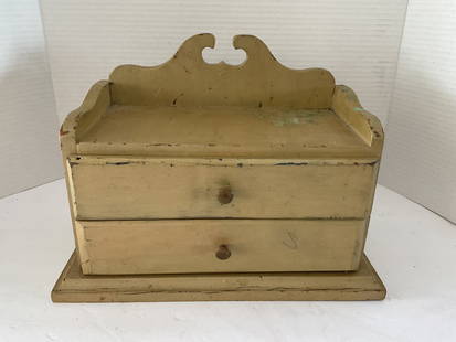 19th Century Keepsake Chest Signed William Bradshaw: A painted small pine 19th century keepsake chest hand made and signed William Bradshaw to one drawer. Original pale yellow paint along with the original brass pulls. It measures 9"h x 10" x 6" . The l