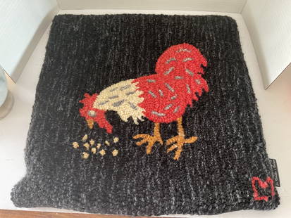 Vintage Heavy Black Pillow Cover with Rooster: A vintage wool pillow cover in dark gray with a center rooster eating corn. 17 x 17". No insert included.