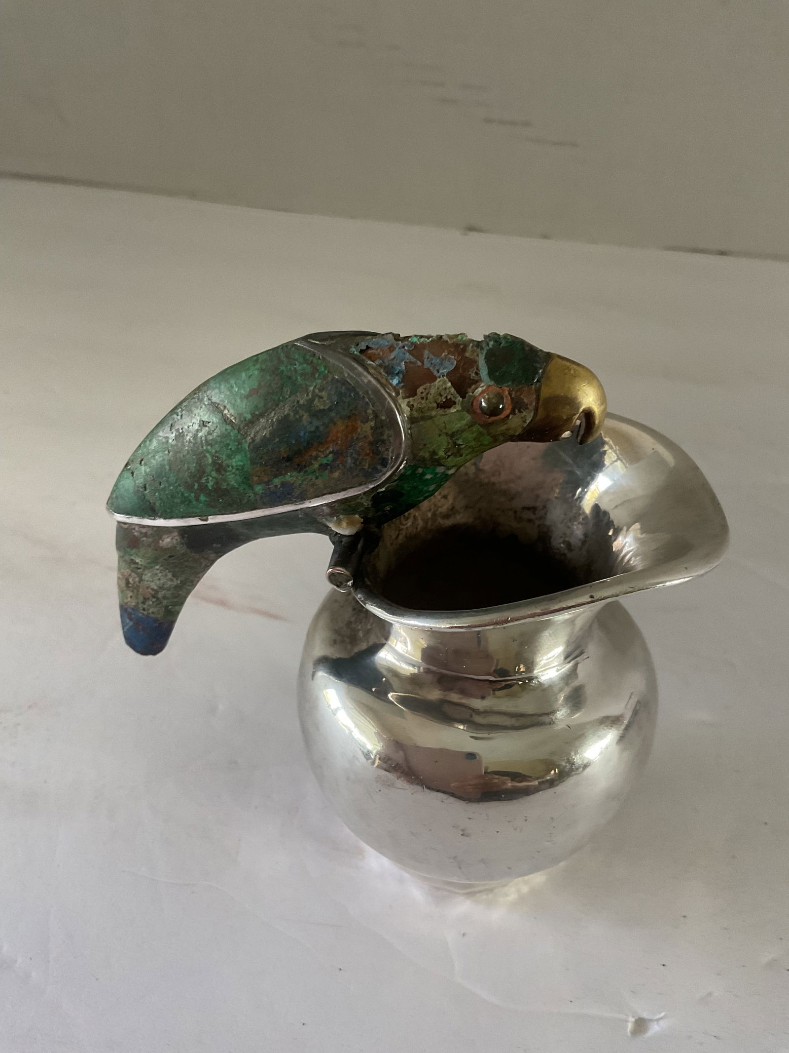 Los Castillo Small Hammered Silver Plate Pitcher with Natural Stone Parrot (1 of 7)