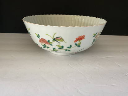 Antique 1910 Porcelain Chinese Bowl: A lovely Famille Rose Chinese porcelain dated to 1910. It is a beautiful piece, very delicate. It measures 3.5" h x 8" in diameter.
