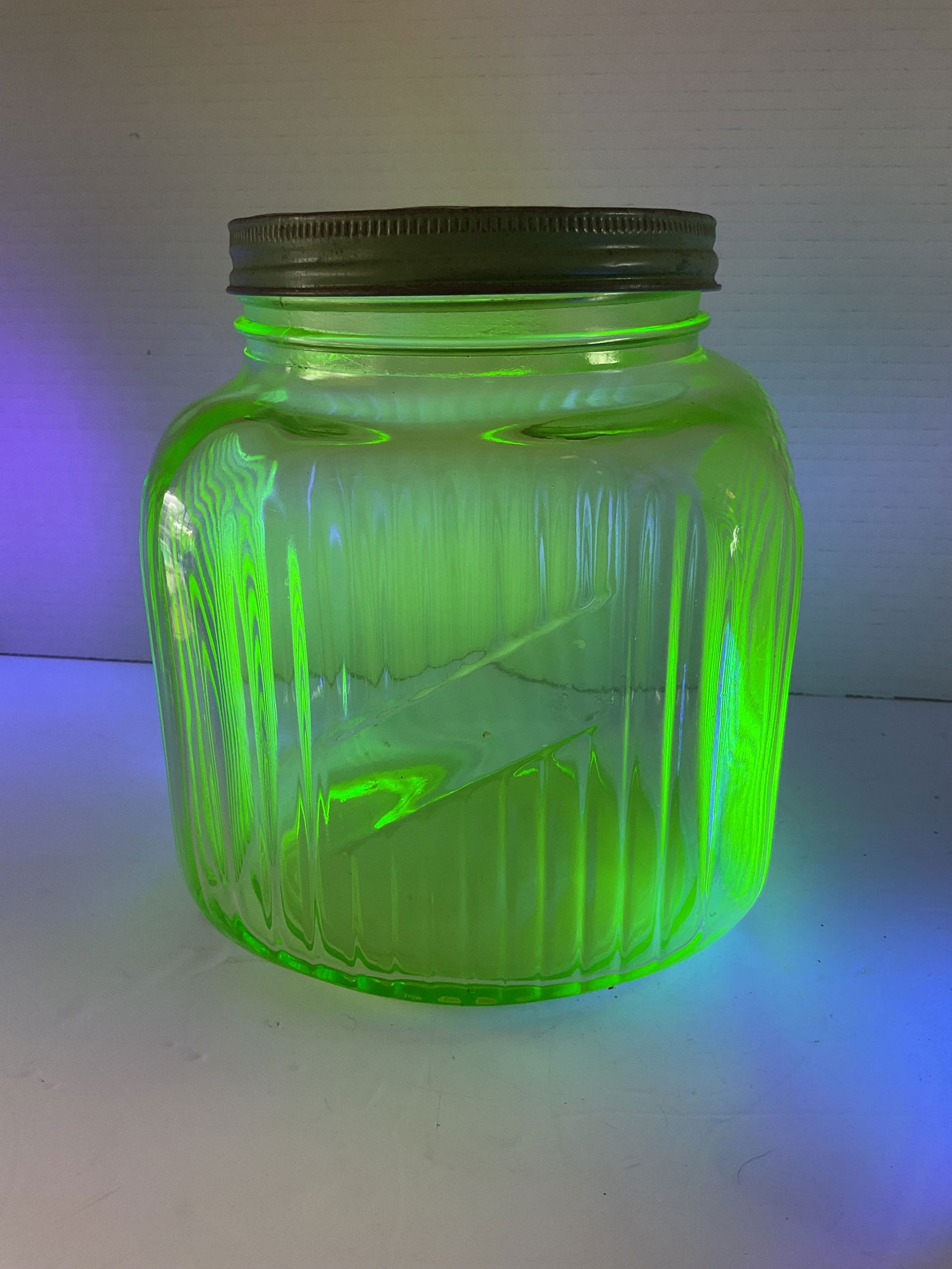 Antique Vaseline Hoosier Green Uranium Glass Storage Jar with Metal Lid (1 of 8)
