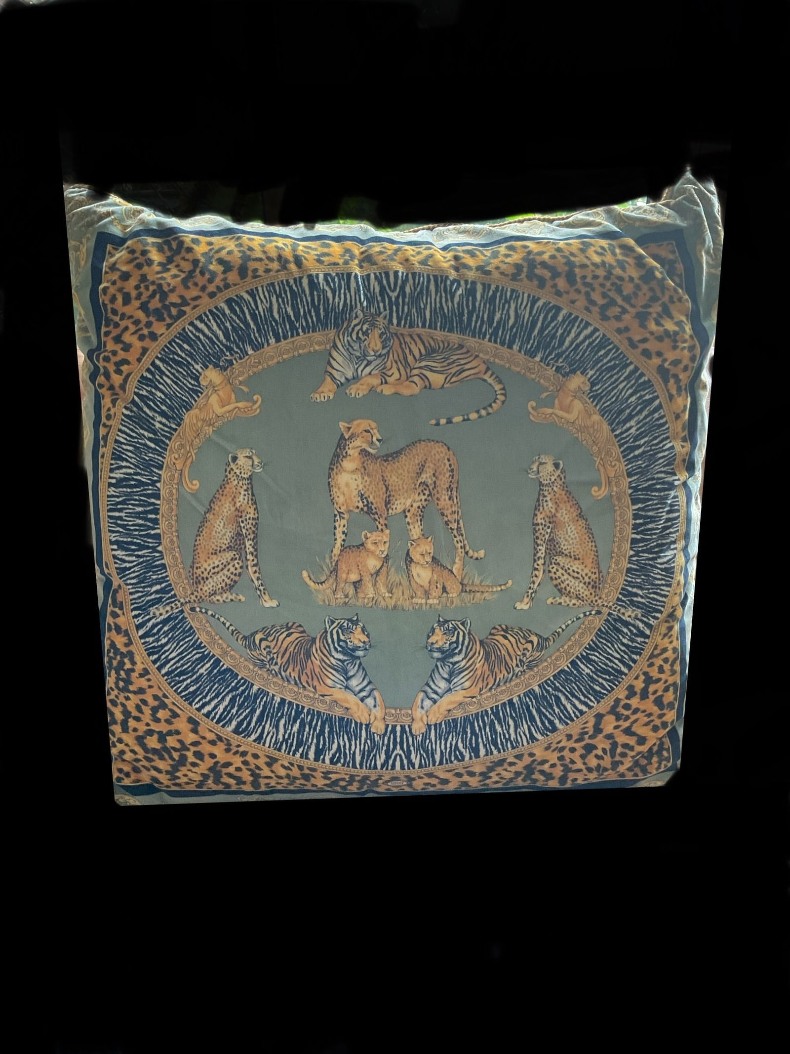 Huge Versace Decorative Pillow 30": A large 30" square Versace pillow. Versace tags to the interior. It has a poly filler. Leopard design in black and gold.