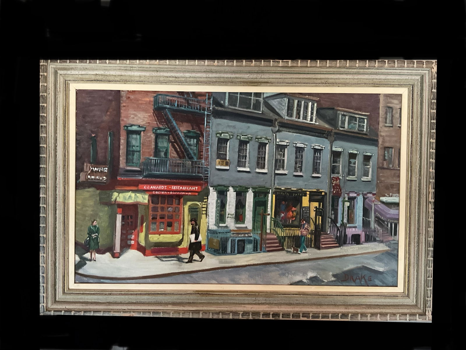 Mid Century Oil on Canvas New York Street, Signed Drake: A mid century oil on canvas by well known Canadian artist William Alexander Drake (1891 - 1979 ) The scene depicted is of Granados Spanish restaurant and surrounding area in Greenwich Villiage New Yor