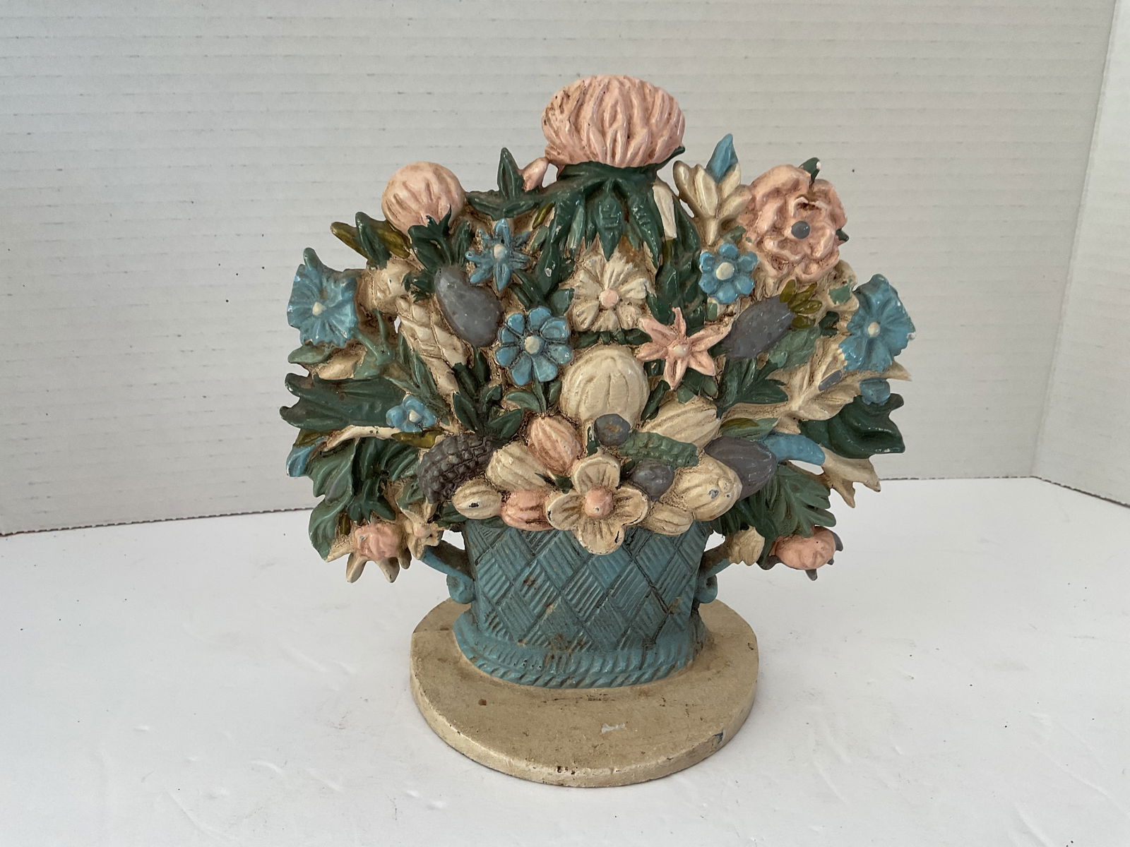 Antique Cast Iron Doorstop in the Shape of a Basket of Flowers (1 of 4)