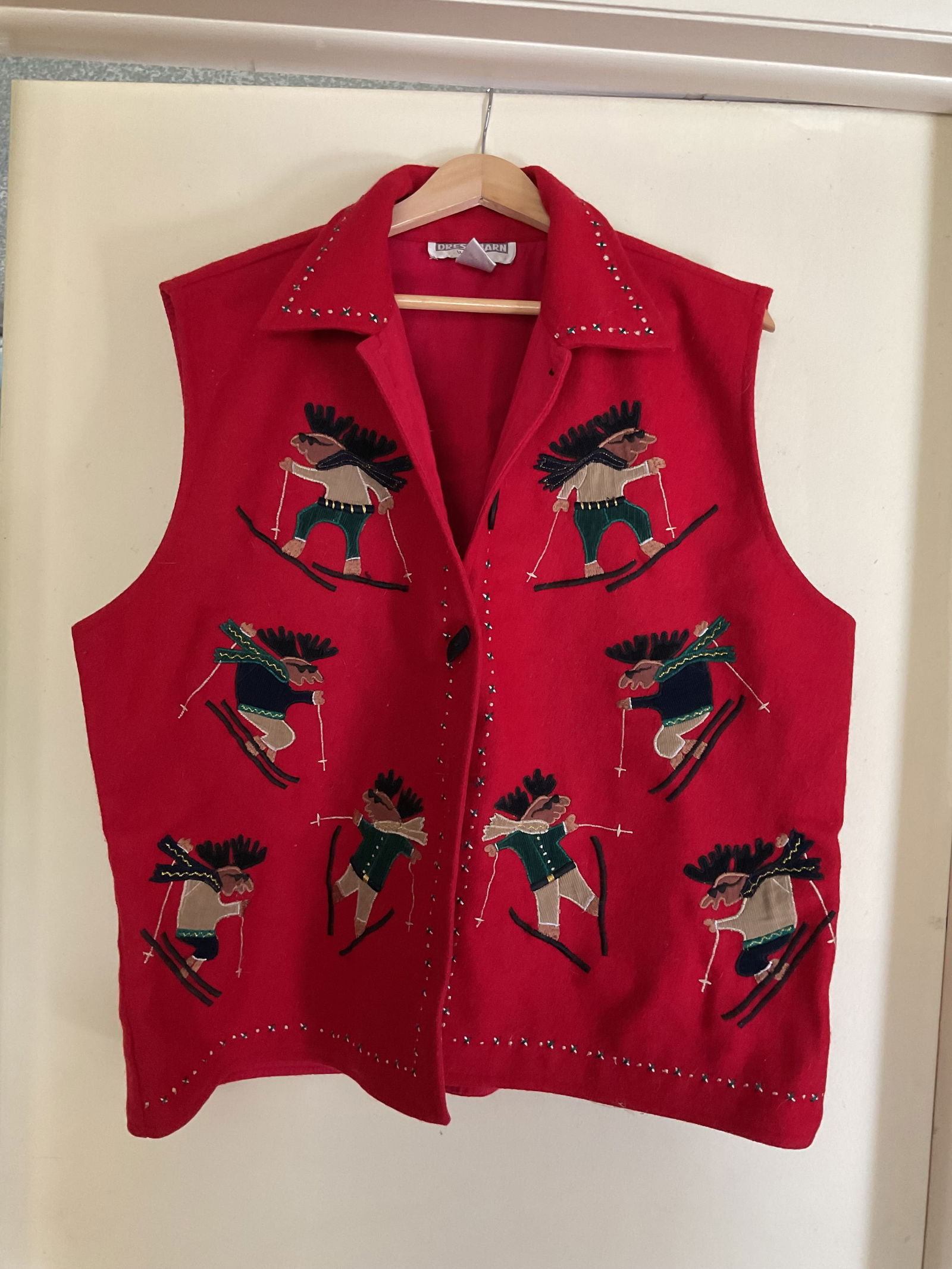 Vintage Holiday Red Wool and Acrylic Vest 2X: A vintage Dress Barn wool and acrylic vest in red with skiing Reindeer in sunglasses. Wood buttons.
