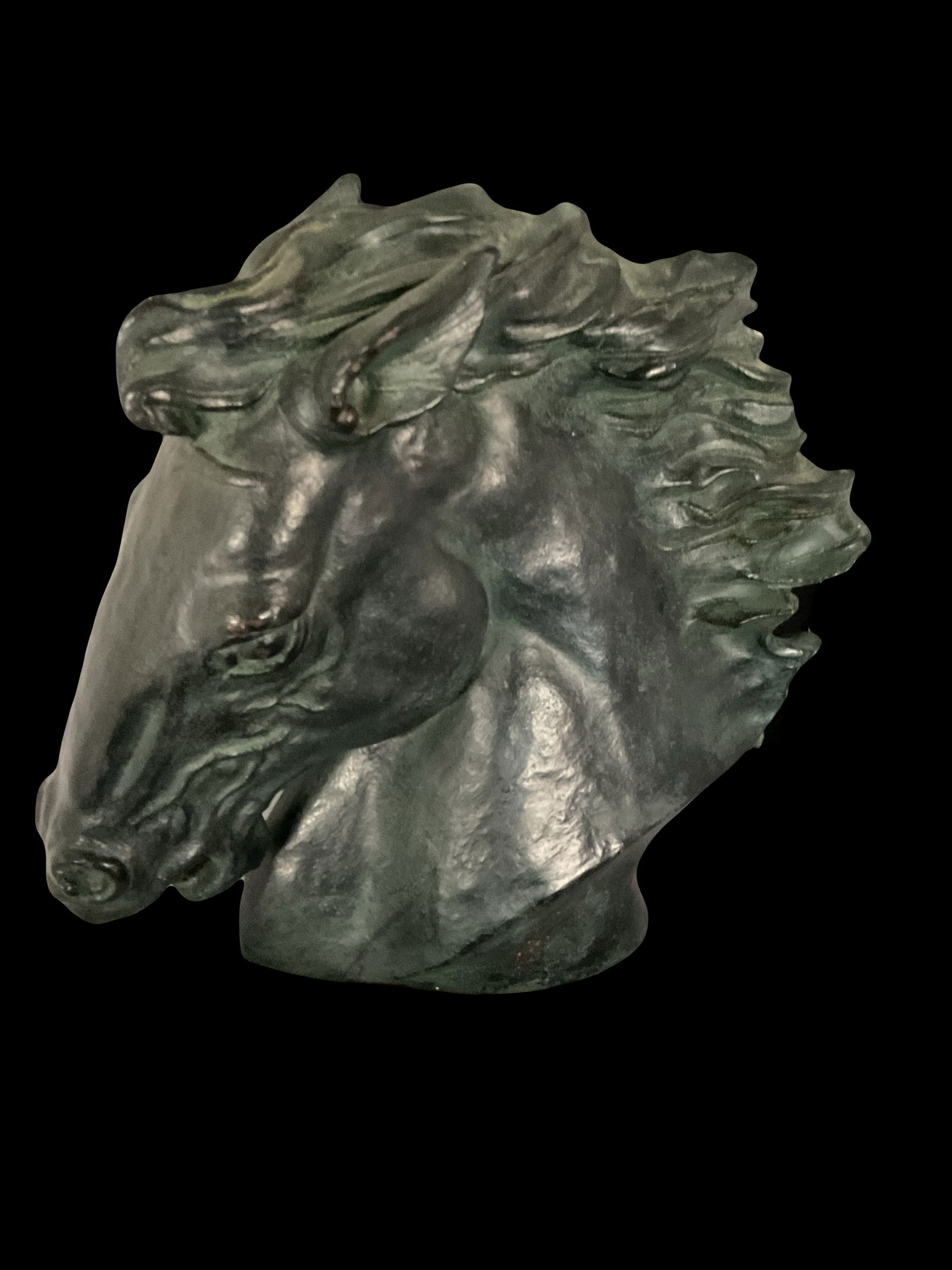 Austin Productions Horse Head Sculpture: An Austin Productions Horse Head sculpture. This is painted green ceramic. It measures approximately 11” x 10” x 8”. Dated 1978