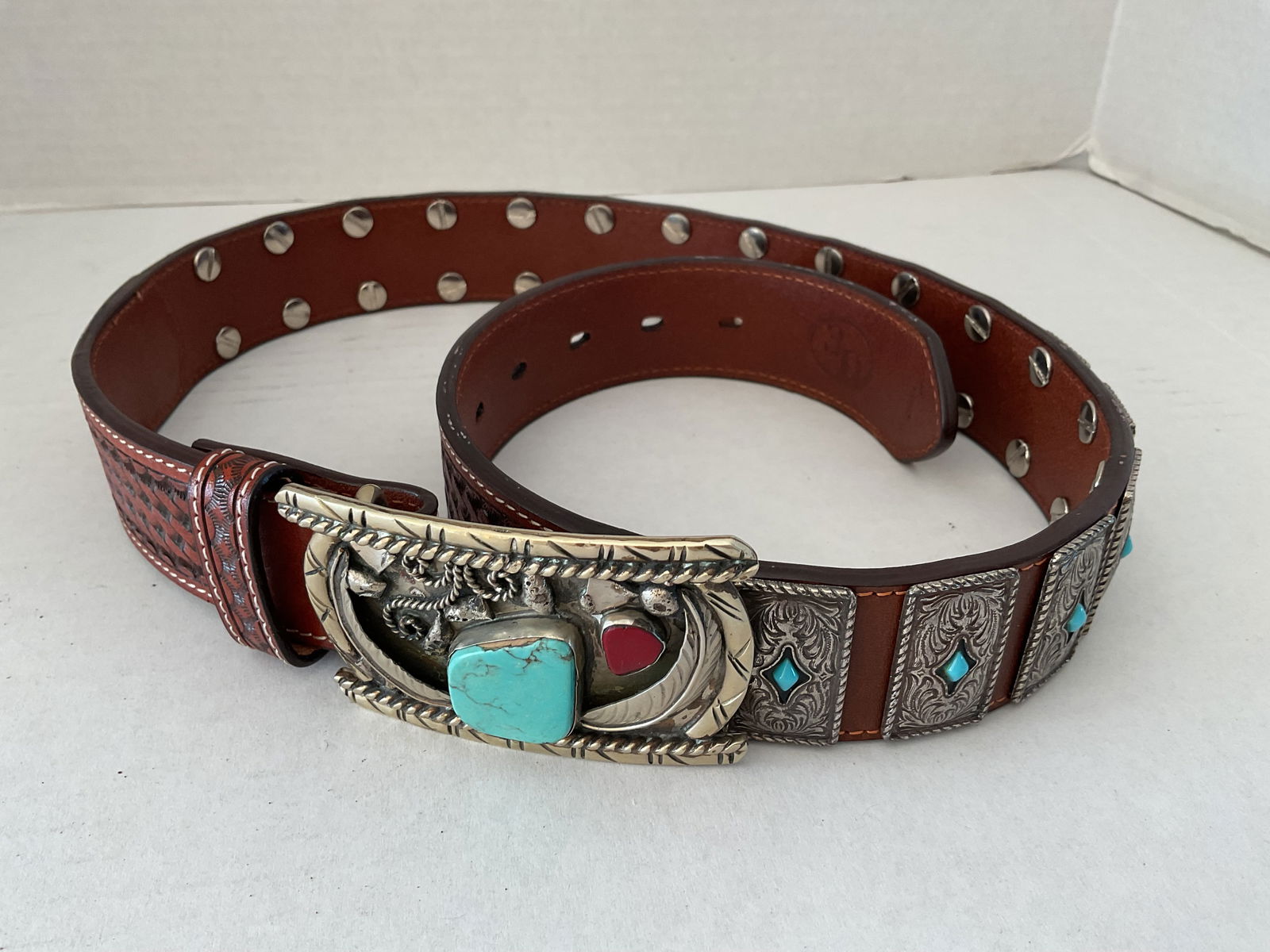 Handtooled Leather Belt with Silvertone and Turquoise Accents (1 of 5)