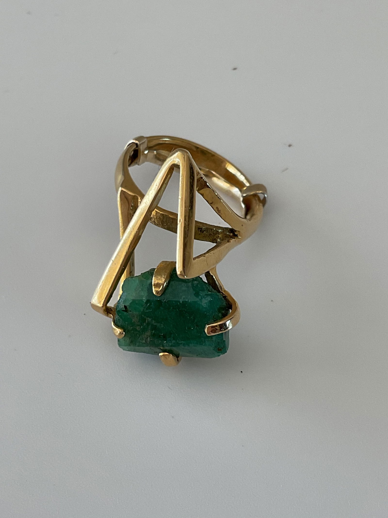Brutalist 1970’s 14K Yellow Gold Ring with Chatham Emerald (1 of 5)