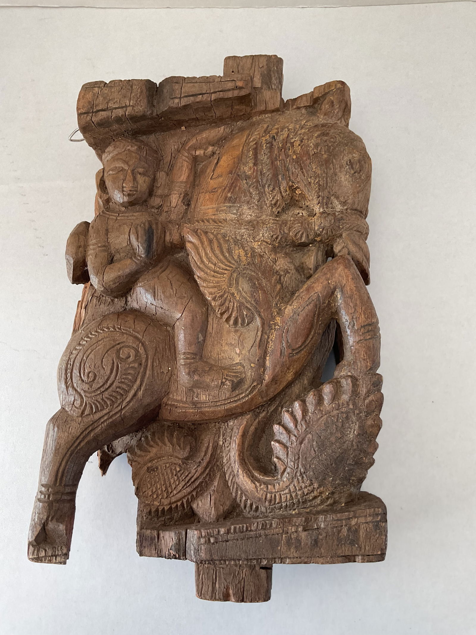 Early Asian Carved Wooden Panel of a Figure on Mythical Creature (1 of 8)