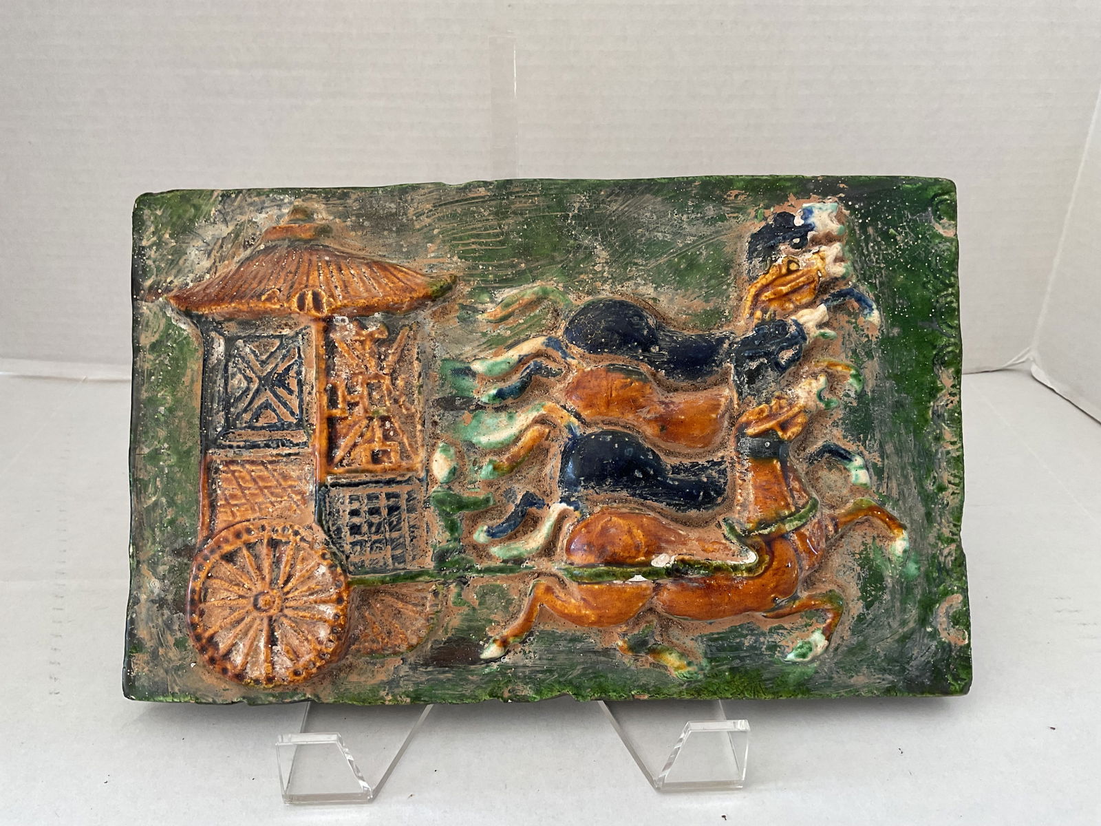 Chinese Sancai Glazed Ceramic Tile with a Horse Carriage Relief (1 of 6)