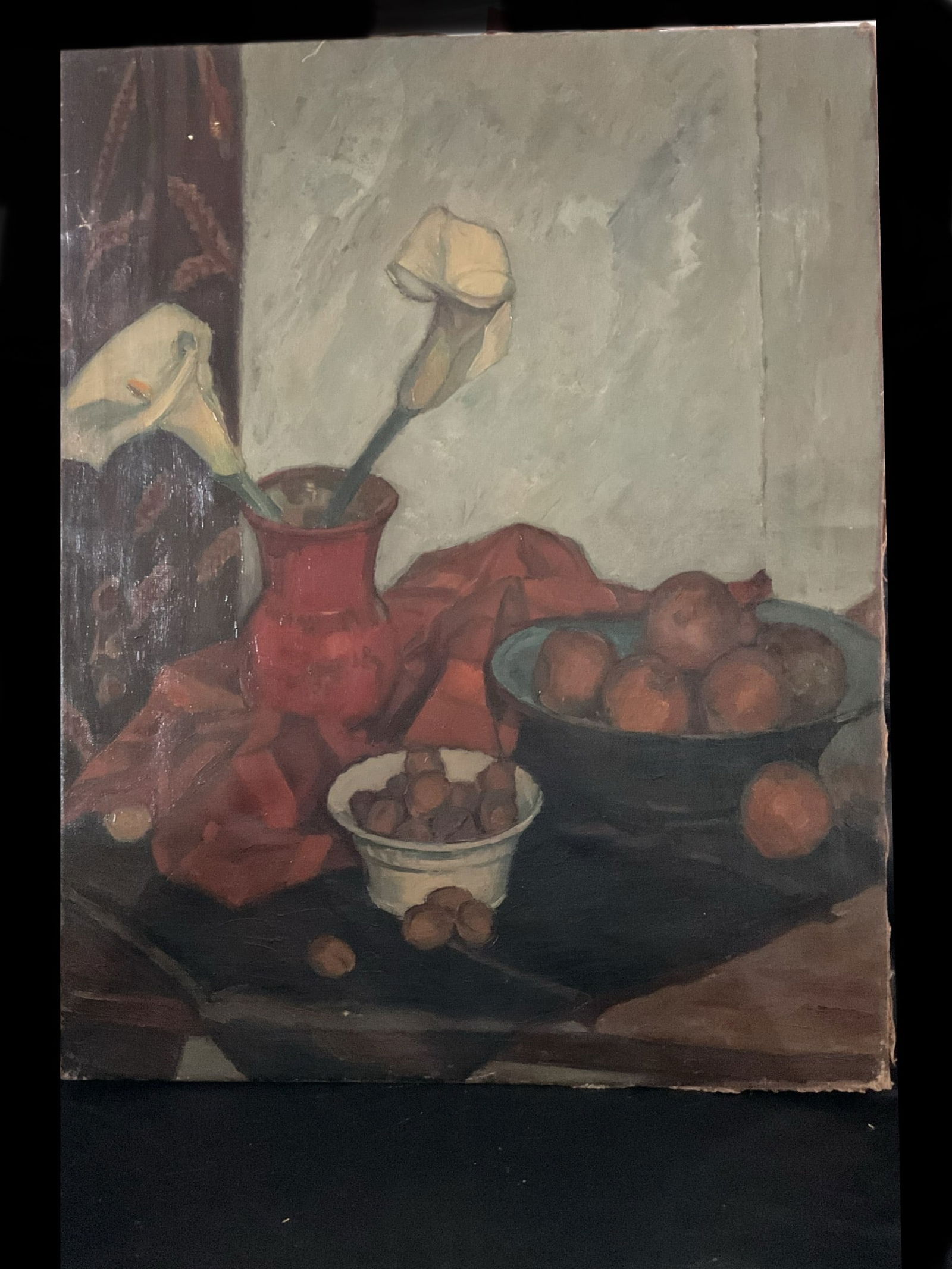 Still Life with Peaches and Calla Lilies by Paul Fortsch (1888 - 1972, German): Still Life with Peaches and Calla Lilies by Paul Fortsch (1888 - 1972). Oil on canvas, unframed, it measures 28 x 22". Signed to the lower right in red paint.