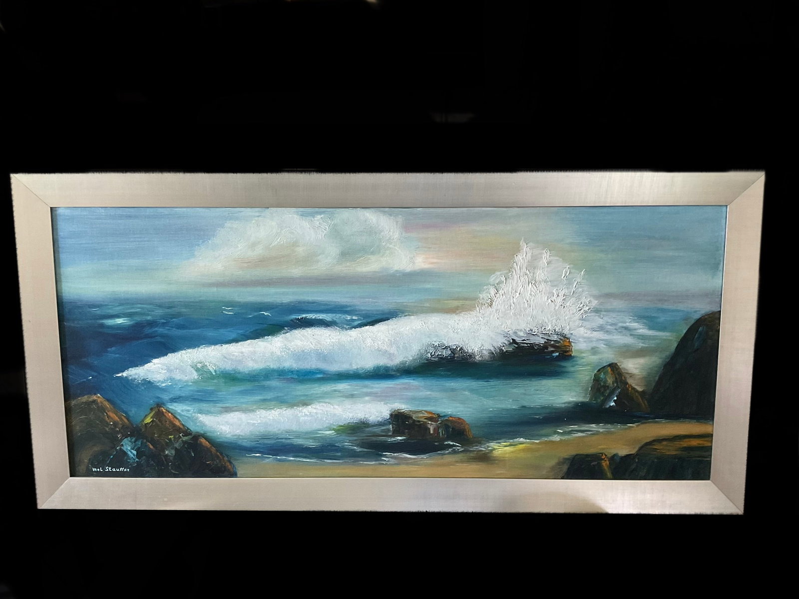 Original Oil on Board Seascape by Sarasota Artist Mel Stauffer: On offer is an original seascape oil on board by Mel Stauffer. The piece is signed in paint to the lower left. Mr. Stauffer is originally from Indiana but has resided in Sarasota Florida since 1980. S