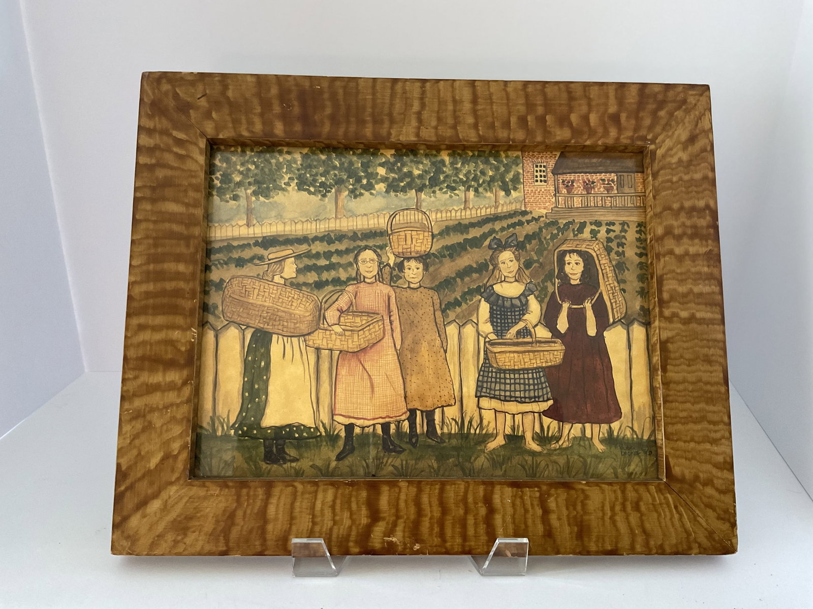 Signed Bobbie Becker "The Bean Pickers": A signed original watercolor by Bobbi Becker. Titled "The Bean Pickers". It is naive watercolor depicting the late 19th or early 20th century. It has a handsome tigerwood frame and is set behind glass