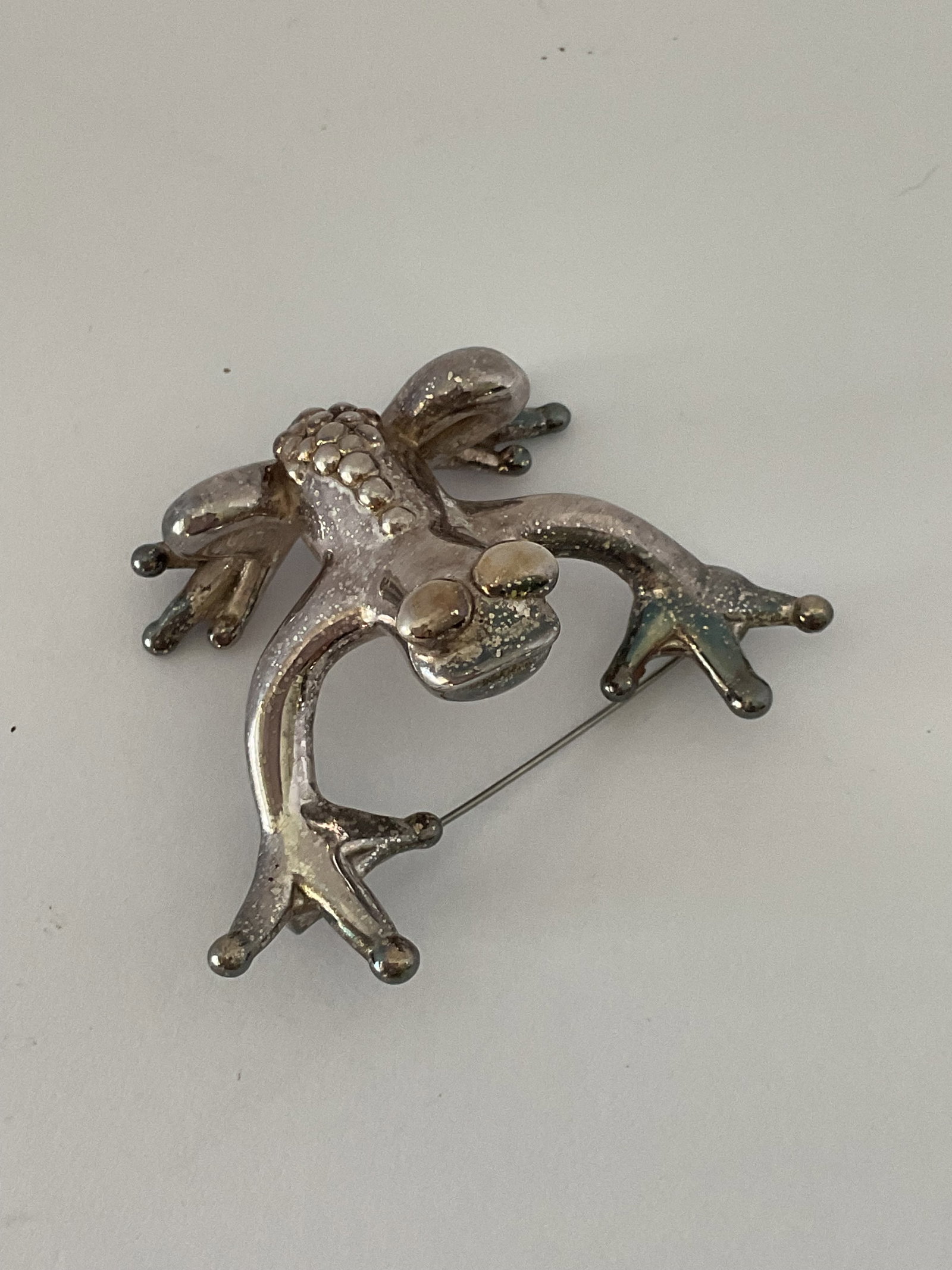 Unusual Mid Century Sterling Handcrafted 3-D Frog Brooch (1 of 4)
