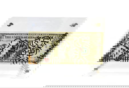 KEITH HARING (1958-1990), ATTRIBUTED TO, One Dollar Bill drawing - Keith Haring (1958-1990),: 15.6 x 6.6cm Keith Haring (1958-1990) was a trailblazing American artist celebrated for his iconic and accessible visual language. His distinctive style, characterized by bold lines and vibrant