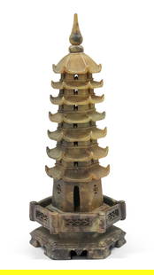 Early 20Th Century Chinese Carved Soapstone Pagoda: H: 30 cmEarly 20th century Chinese carved soapstone pagoda, modelled on a base supporting a six tier pagoda tower.