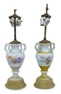 A Pair Of Florally Painted Porcelain Table Lamps: H: 57 cm