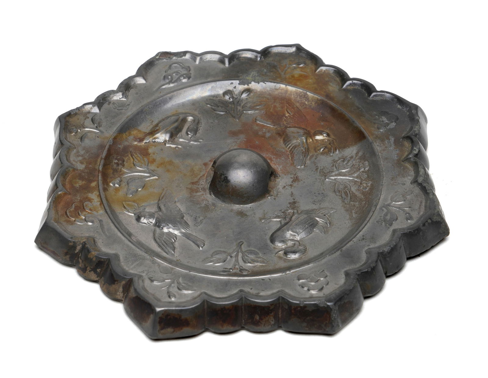 Octagonal Bronze Mirror Cast with Birds and Flowers (1 of 1)