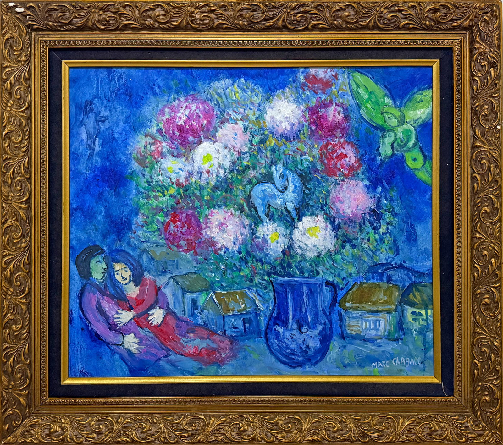 Marc Chagall Attr. Dreamlike Composition, oil on canvas: Marc Chagall (1887–1985) signed lower right and verso oil on canvas Dimensions: Image size 45.5 × 53 cm. Description: A dreamlike composition in deep blues, purples and greens, with flowers, figure