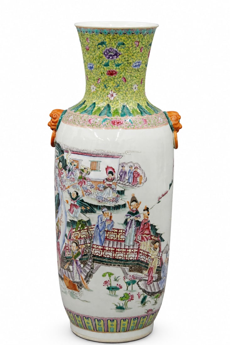 A large Chinese famille rose vase: Dimensions: Height 69 cm. Description: A large Chinese famille rose vase with square Qianlong seal mark to the base. The tall body is richly enamelled with architectural and figural reserves, the neck