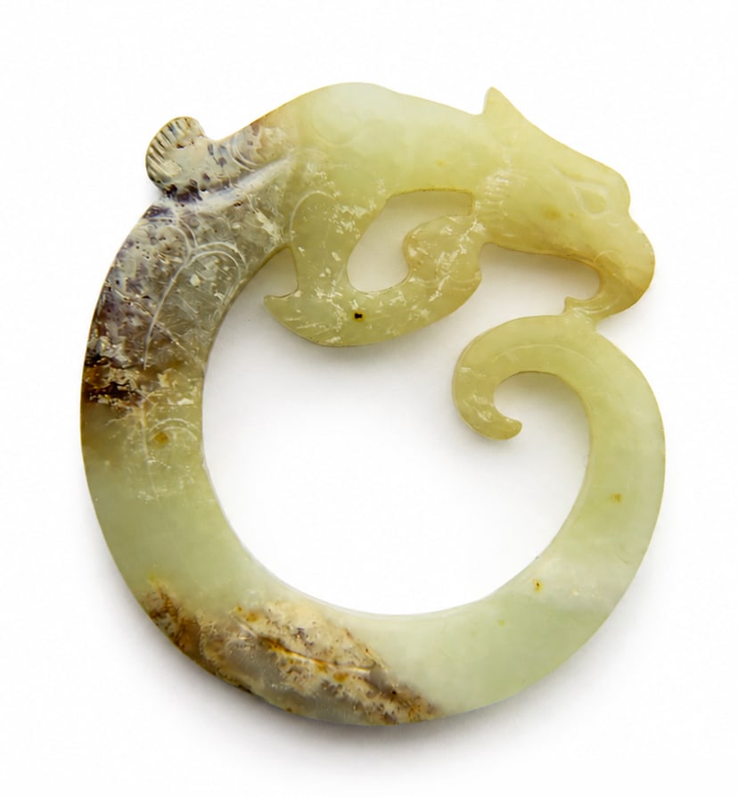 A pale green jade carving in curled dragon form (1 of 1)