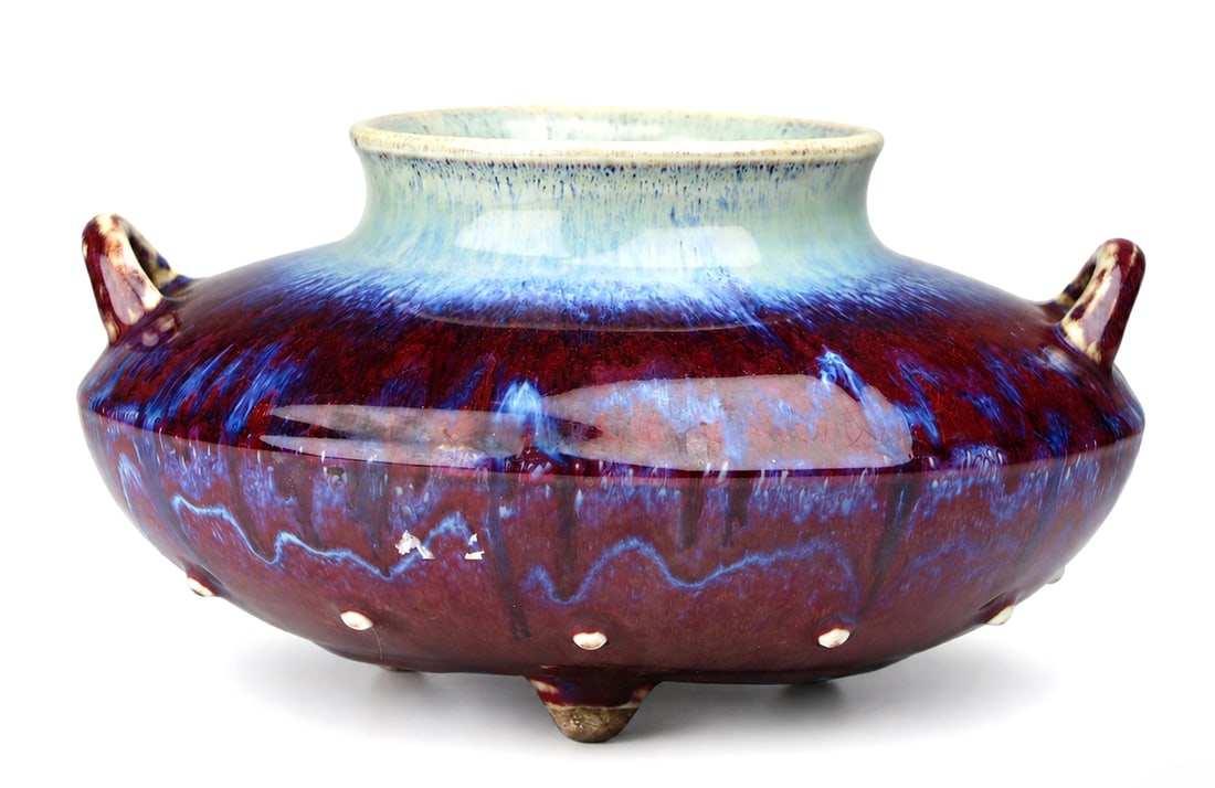 A 'flambé'-glazed 'drum' censer with studded decoration and loop handles (1 of 2)